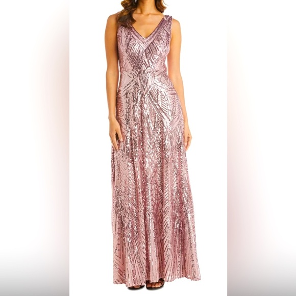 Women Formal Dress NIGHTWAY Mauve Rose Pink Allover Sequin Fit+Flare Sz 6, 8, 12
